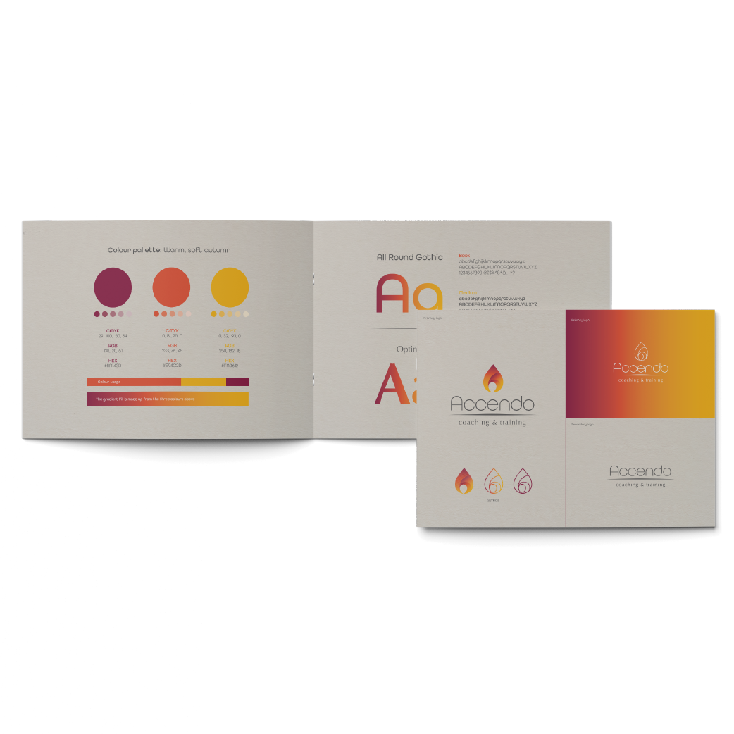 open booklet and single page showcasing accendo logo, colours and font
