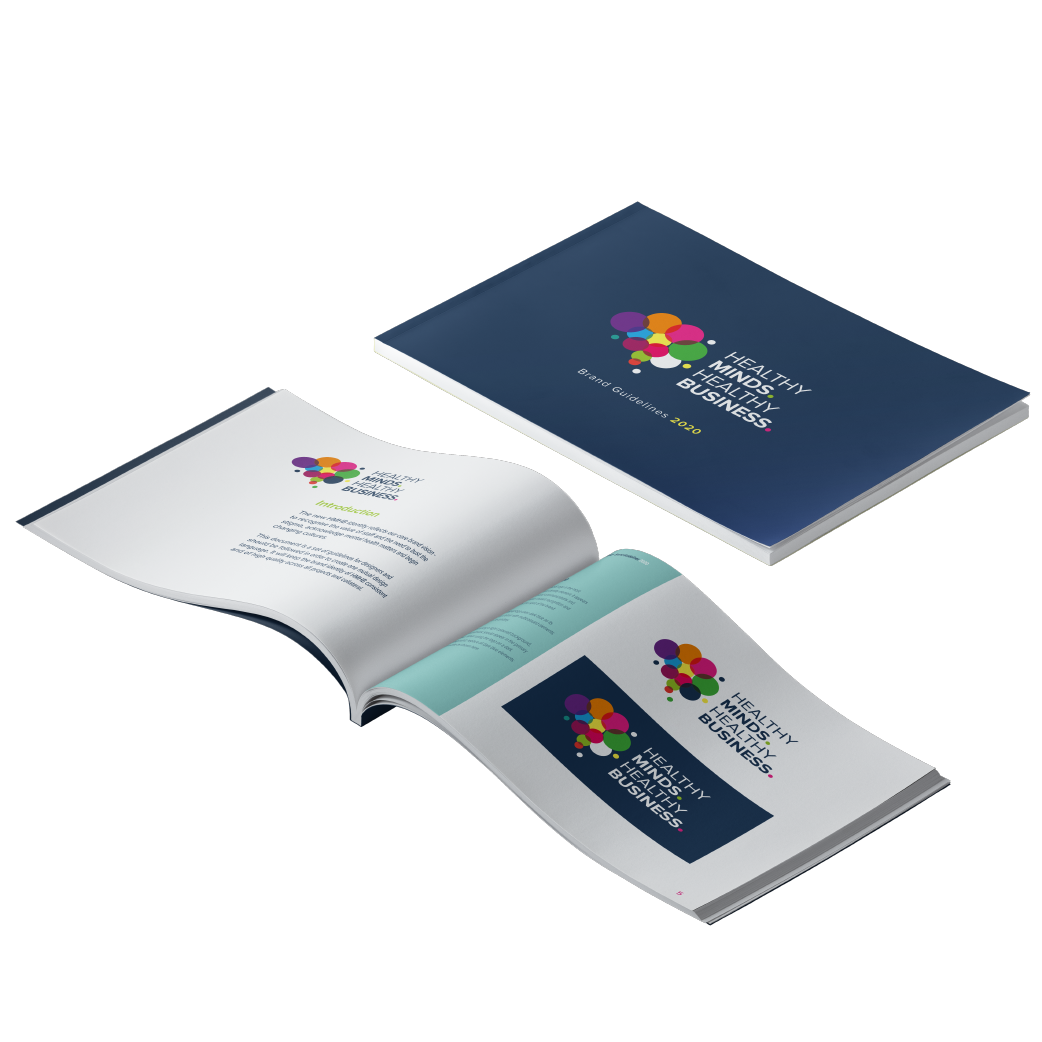 booklet showing cover of a booklet and inner pages with healthy minds healthy business logos