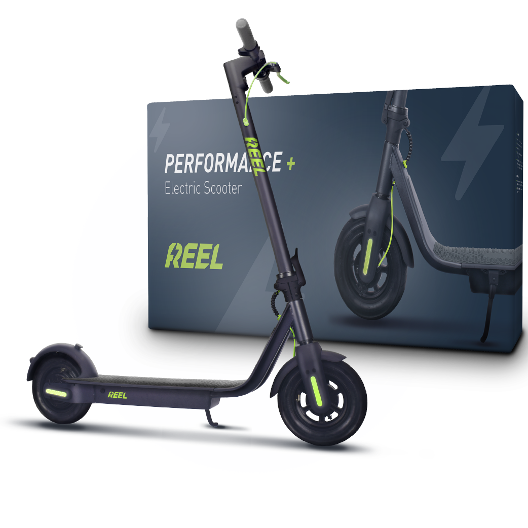 black scooter with REEL logo and black box with picture of scooter wheel and REEL logo