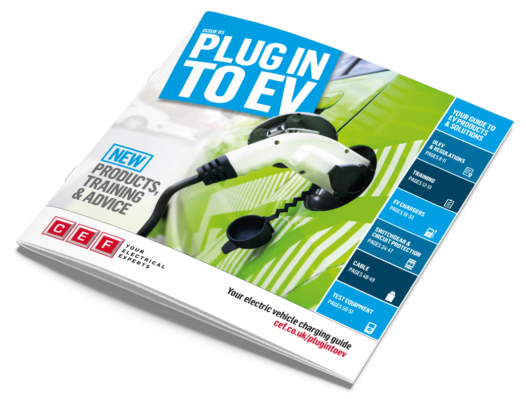 brochure with a picture of a car being charged electronically, text reads 'Plug in to EV'