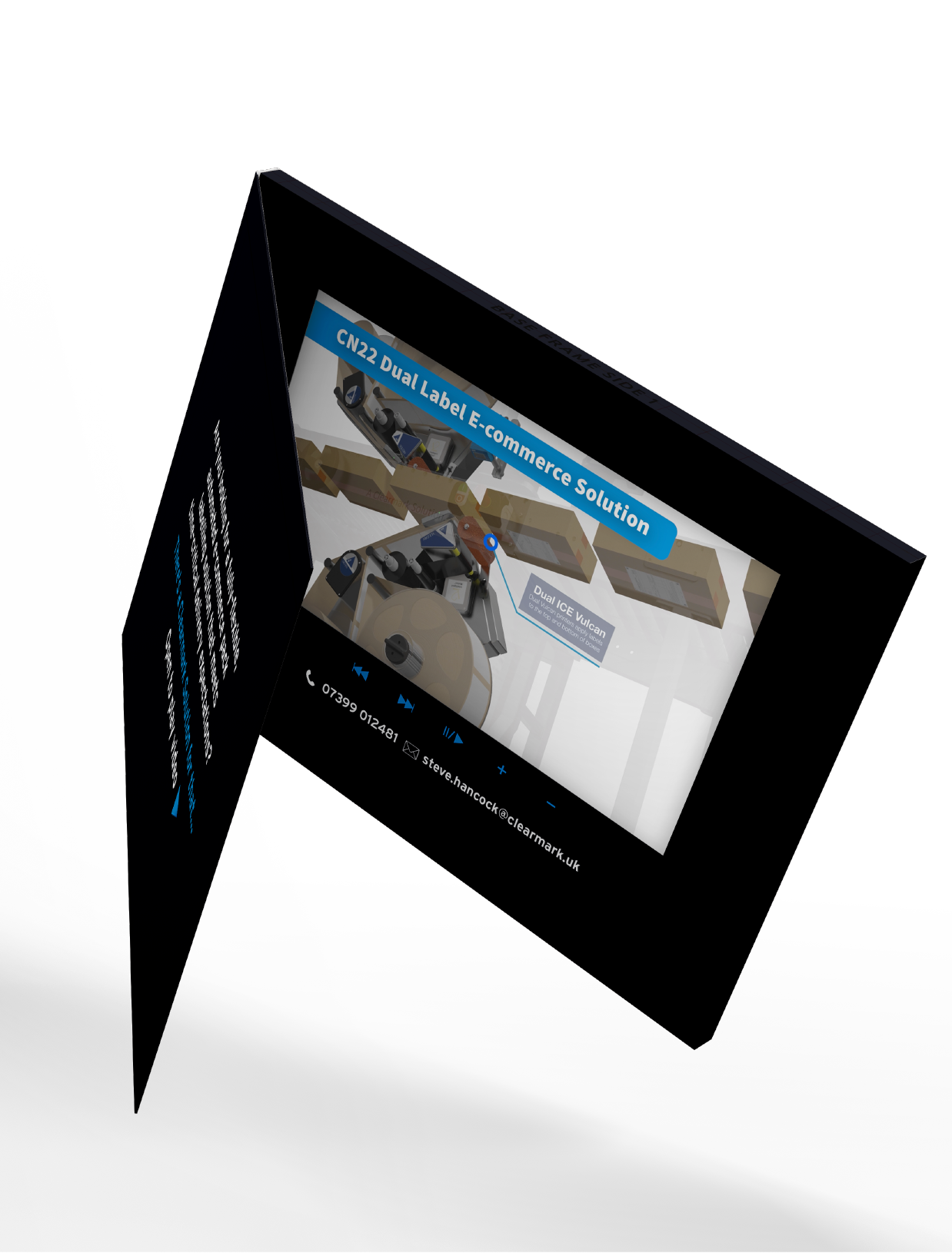 an open view of a video mailer showing the video screen and play, pause, fast forward and rewind buttons