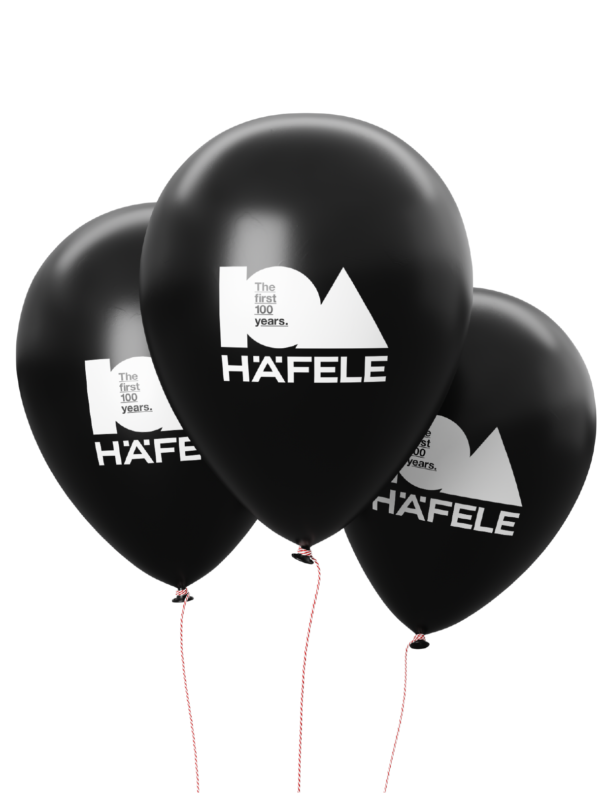 three black balloons featuring a hafele logo in white