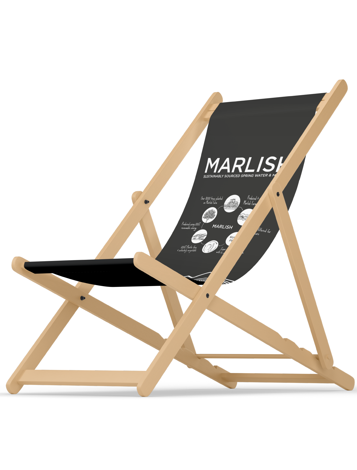 deck chair with black fabric seat featuring a Marlish logo