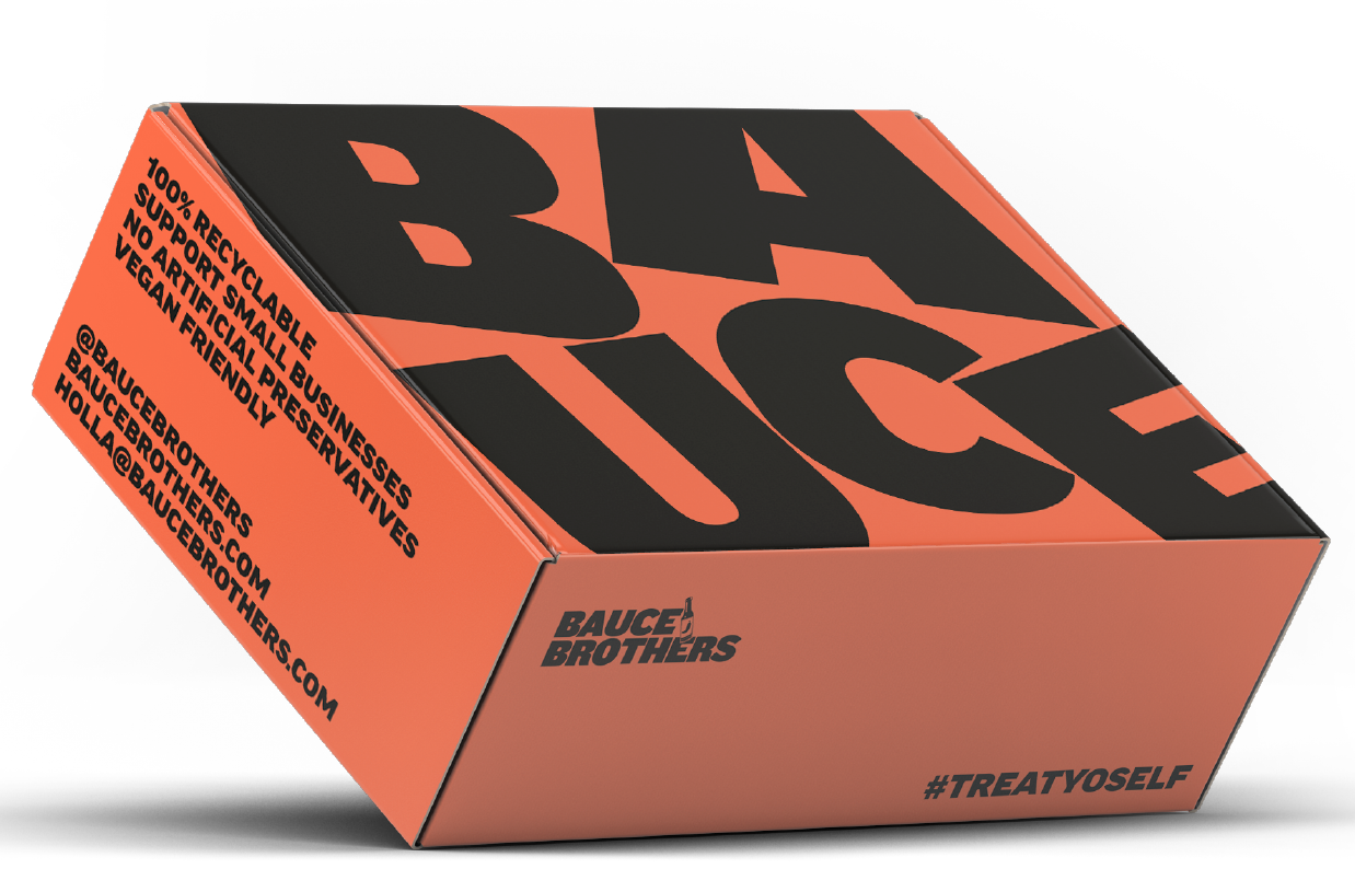 orange box with black text that reads 'Bauce' in large text on the lid.