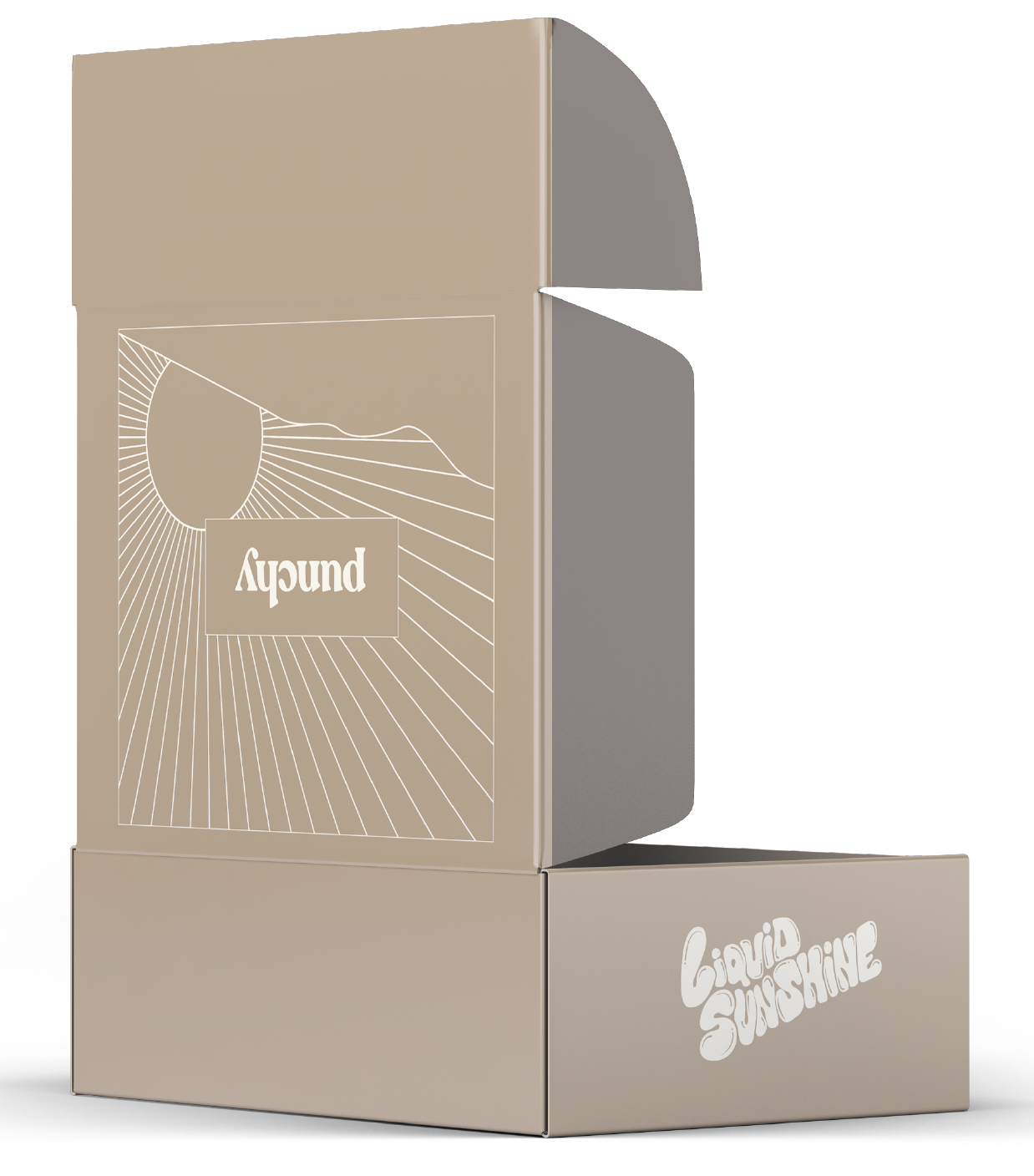 open beige box with white line illustration of a sun with rays over a mountain and a punchy logo, text reading liquid sunshine features on the side of the box