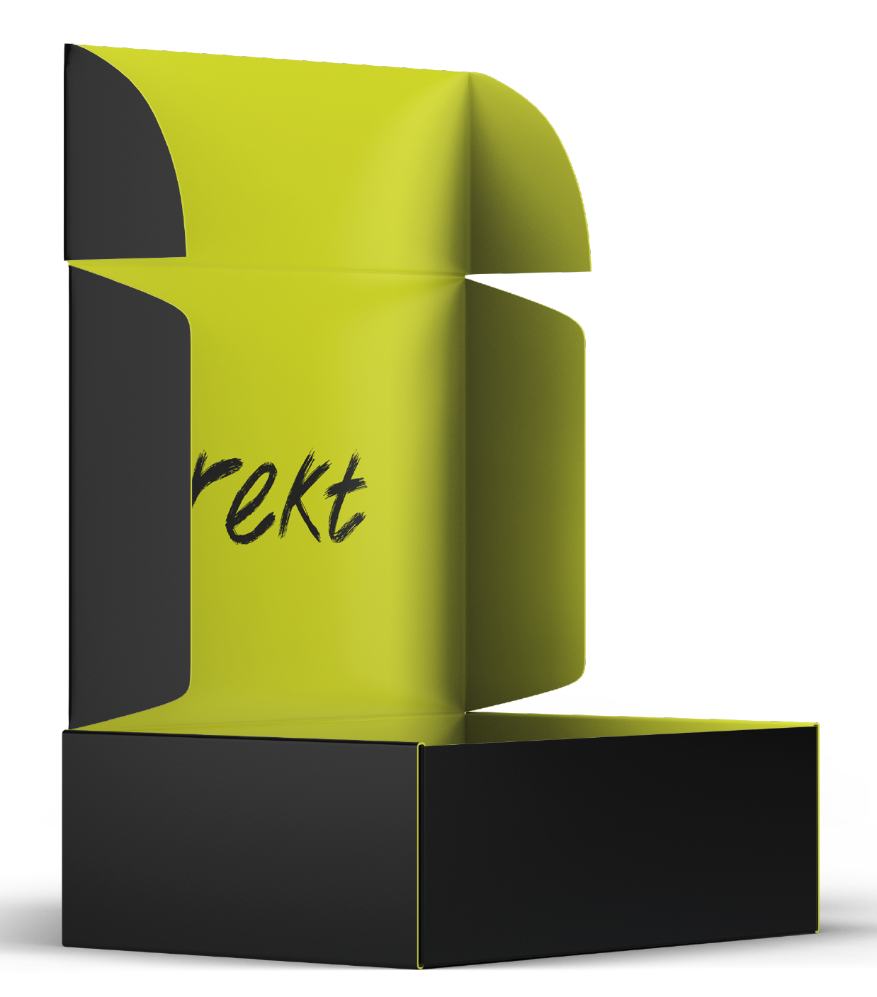 open black box with green inner and a rekt logo in black on the lid