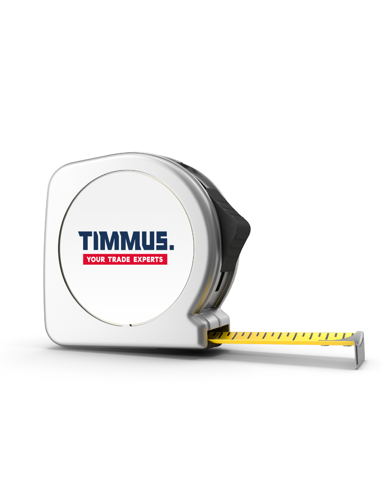 tape measure that features a logo on the side on a white back ground with blue and red text the logo reads Timmus your trade experts
