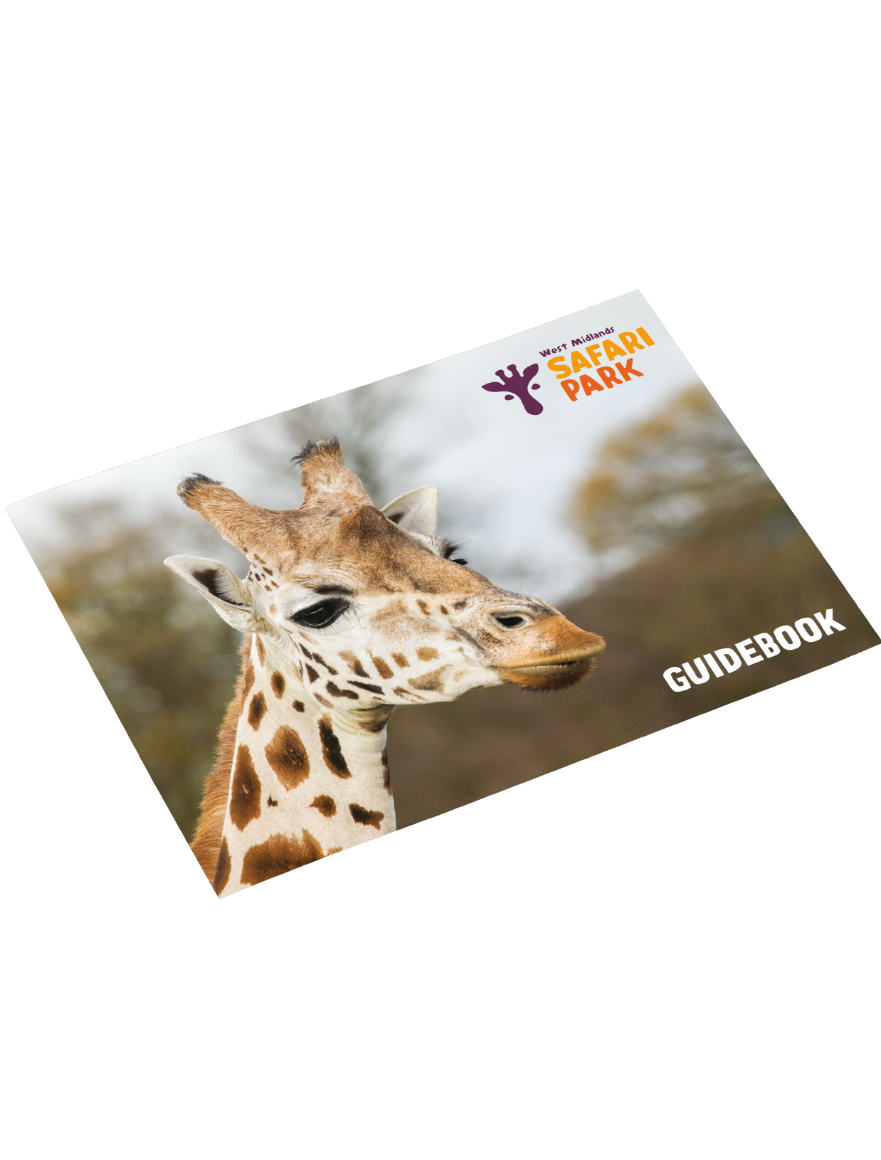 cover of a guidebook featuring an image of a giraffe, text that says 'Guidebook' and a West Midlands Safari Park logo