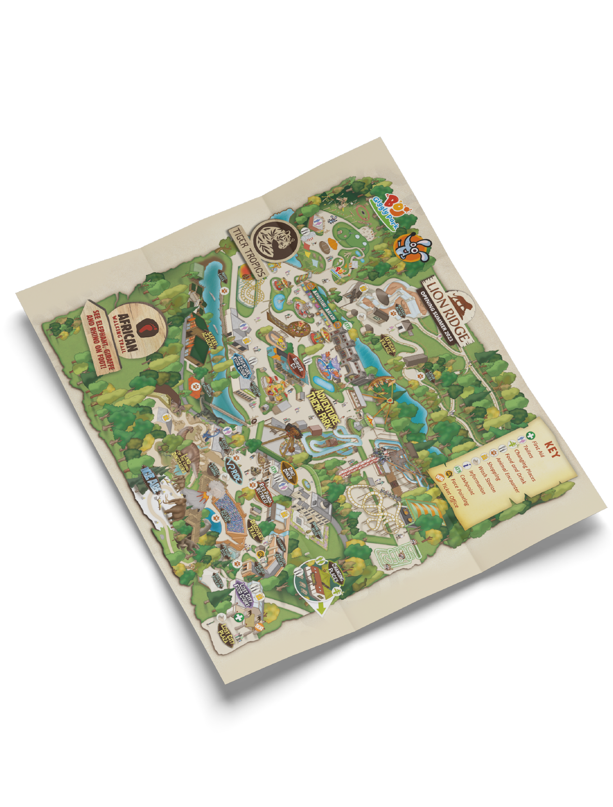 map that looks like it has been folded featuring the map of a safari park