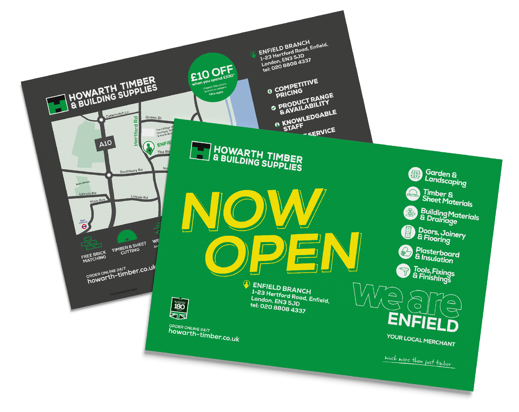 front and back views of a printed postcard, one side is green and one side is grey the green side features a howarth timber logo and copy that reads 'now open' with an address, the grey side features a howarth timber logo with a map