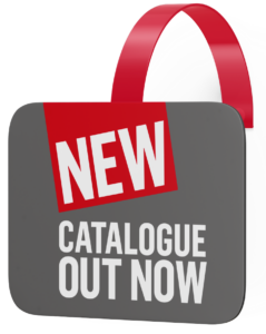 grey and red shelf wobbler featuring white text that reads new catalogue out now