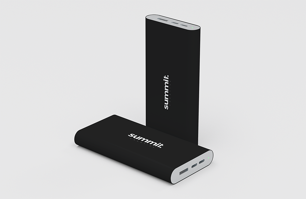 branded power bank with Summit logo on front
