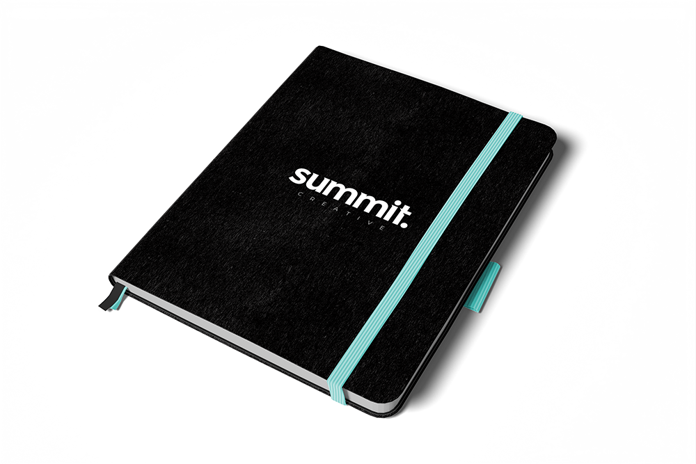 branded black notebook with logo on