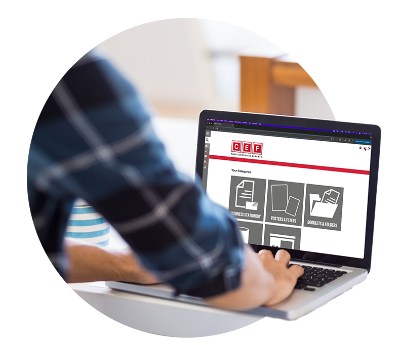 laptop showing a brand portal on screen, a logo reads CEF, text reads 'your categories' with grey boxes featuring icons for business stationery, posters and flyers, booklets and folders on